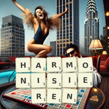 Kreative Illustration für ein Scrabble-Spiel, bei dem das Wort HARMONISIEREN mit Steinen auf dem Brett gelegt wurde.