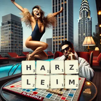 Kreative Illustration für ein Scrabble-Spiel, bei dem das Wort HARZLEIM mit Steinen auf dem Brett gelegt wurde.