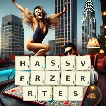Kreative Illustration für ein Scrabble-Spiel, bei dem das Wort HASSVERZERRTES mit Steinen auf dem Brett gelegt wurde.