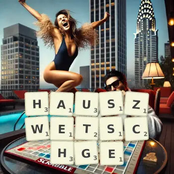 Kreative Illustration für ein Scrabble-Spiel, bei dem das Wort HAUSZWETSCHGE mit Steinen auf dem Brett gelegt wurde.