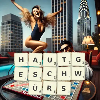 Kreative Illustration für ein Scrabble-Spiel, bei dem das Wort HAUTGESCHWÜRS mit Steinen auf dem Brett gelegt wurde.