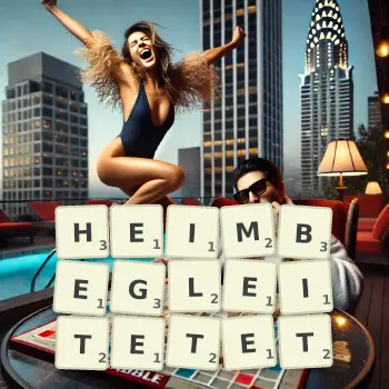 Kreative Illustration für ein Scrabble-Spiel, bei dem das Wort HEIMBEGLEITETET mit Steinen auf dem Brett gelegt wurde.