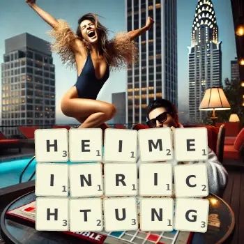 Kreative Illustration für ein Scrabble-Spiel, bei dem das Wort HEIMEINRICHTUNG mit Steinen auf dem Brett gelegt wurde.