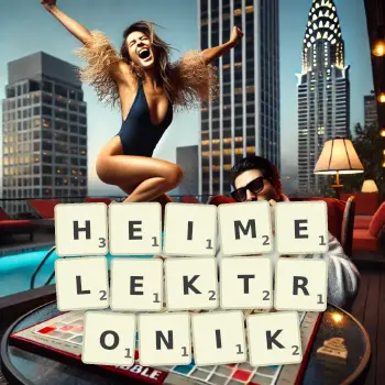 Kreative Illustration für ein Scrabble-Spiel, bei dem das Wort HEIMELEKTRONIK mit Steinen auf dem Brett gelegt wurde.