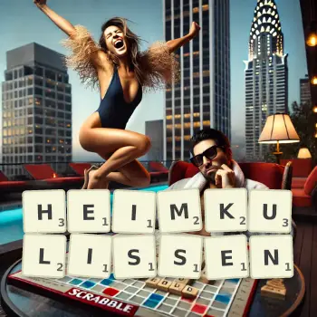 Kreative Illustration für ein Scrabble-Spiel, bei dem das Wort HEIMKULISSEN mit Steinen auf dem Brett gelegt wurde.