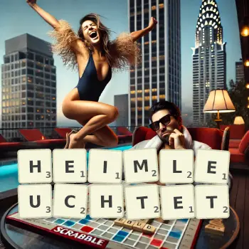 Kreative Illustration für ein Scrabble-Spiel, bei dem das Wort HEIMLEUCHTET mit Steinen auf dem Brett gelegt wurde.