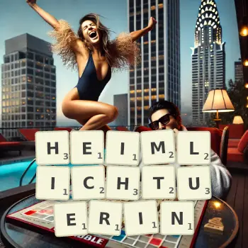 Kreative Illustration für ein Scrabble-Spiel, bei dem das Wort HEIMLICHTUERIN mit Steinen auf dem Brett gelegt wurde.