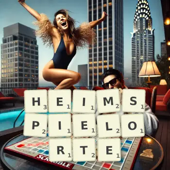 Kreative Illustration für ein Scrabble-Spiel, bei dem das Wort HEIMSPIELORTE mit Steinen auf dem Brett gelegt wurde.