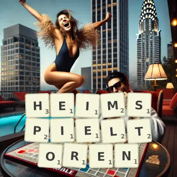 Kreative Illustration für ein Scrabble-Spiel, bei dem das Wort HEIMSPIELTOREN mit Steinen auf dem Brett gelegt wurde.