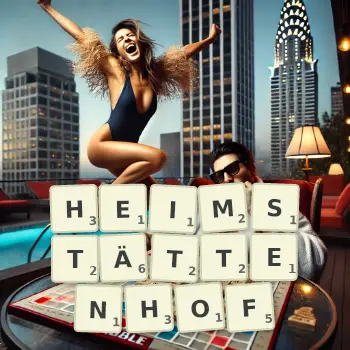 Kreative Illustration für ein Scrabble-Spiel, bei dem das Wort HEIMSTÄTTENHOF mit Steinen auf dem Brett gelegt wurde.