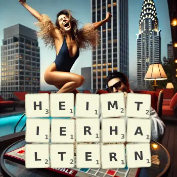 Kreative Illustration für ein Scrabble-Spiel, bei dem das Wort HEIMTIERHALTERN mit Steinen auf dem Brett gelegt wurde.