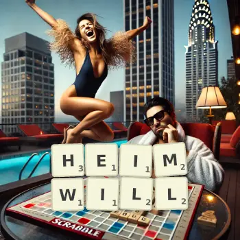 Kreative Illustration für ein Scrabble-Spiel, bei dem das Wort HEIMWILL mit Steinen auf dem Brett gelegt wurde.