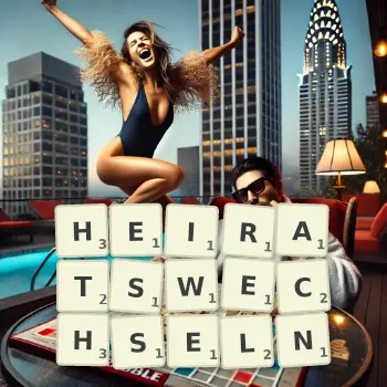 Kreative Illustration für ein Scrabble-Spiel, bei dem das Wort HEIRATSWECHSELN mit Steinen auf dem Brett gelegt wurde.