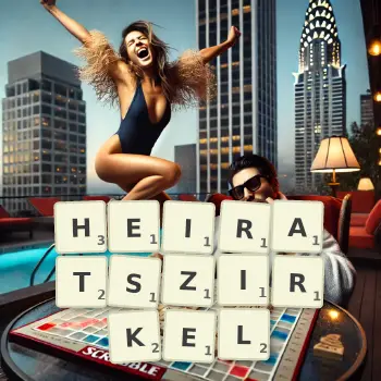 Kreative Illustration für ein Scrabble-Spiel, bei dem das Wort HEIRATSZIRKEL mit Steinen auf dem Brett gelegt wurde.