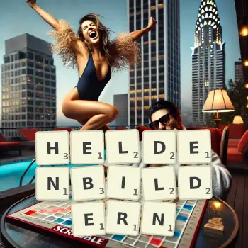Kreative Illustration für ein Scrabble-Spiel, bei dem das Wort HELDENBILDERN mit Steinen auf dem Brett gelegt wurde.