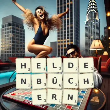 Kreative Illustration für ein Scrabble-Spiel, bei dem das Wort HELDENBÜCHERN mit Steinen auf dem Brett gelegt wurde.