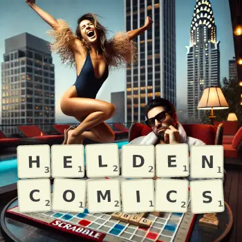 Kreative Illustration für ein Scrabble-Spiel, bei dem das Wort HELDENCOMICS mit Steinen auf dem Brett gelegt wurde.