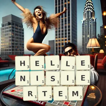 Kreative Illustration für ein Scrabble-Spiel, bei dem das Wort HELLENISIERTEM mit Steinen auf dem Brett gelegt wurde.