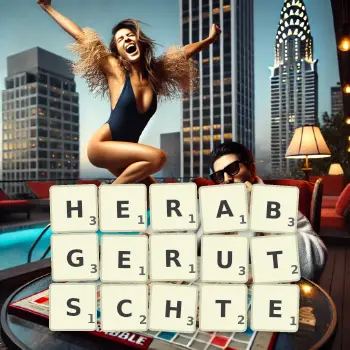 Kreative Illustration für ein Scrabble-Spiel, bei dem das Wort HERABGERUTSCHTE mit Steinen auf dem Brett gelegt wurde.