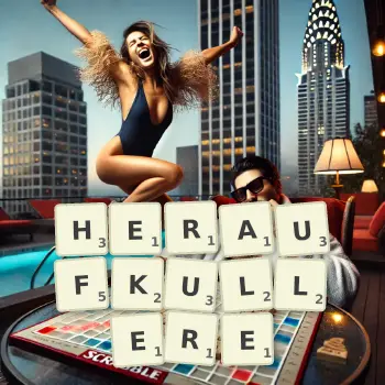 Kreative Illustration für ein Scrabble-Spiel, bei dem das Wort HERAUFKULLERE mit Steinen auf dem Brett gelegt wurde.