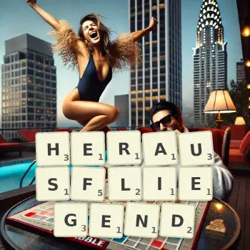 Kreative Illustration für ein Scrabble-Spiel, bei dem das Wort HERAUSFLIEGEND mit Steinen auf dem Brett gelegt wurde.