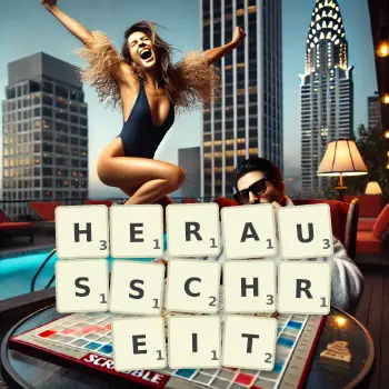 Kreative Illustration für ein Scrabble-Spiel, bei dem das Wort HERAUSSCHREIT mit Steinen auf dem Brett gelegt wurde.