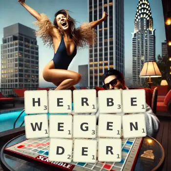 Kreative Illustration für ein Scrabble-Spiel, bei dem das Wort HERBEWEGENDER mit Steinen auf dem Brett gelegt wurde.