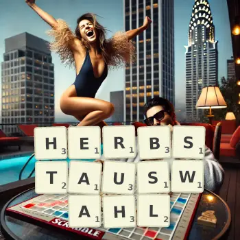 Kreative Illustration für ein Scrabble-Spiel, bei dem das Wort HERBSTAUSWAHL mit Steinen auf dem Brett gelegt wurde.