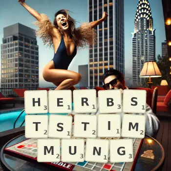 Kreative Illustration für ein Scrabble-Spiel, bei dem das Wort HERBSTSTIMMUNG mit Steinen auf dem Brett gelegt wurde.