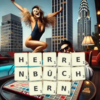 Kreative Illustration für ein Scrabble-Spiel, bei dem das Wort HERRENBÜCHERN mit Steinen auf dem Brett gelegt wurde.