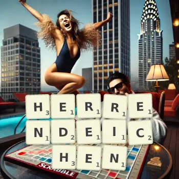 Kreative Illustration für ein Scrabble-Spiel, bei dem das Wort HERRENDEICHEN mit Steinen auf dem Brett gelegt wurde.