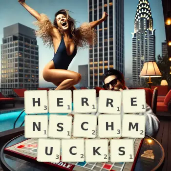 Kreative Illustration für ein Scrabble-Spiel, bei dem das Wort HERRENSCHMUCKS mit Steinen auf dem Brett gelegt wurde.