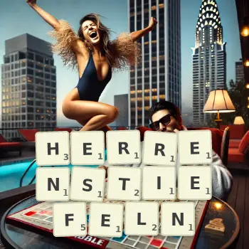 Kreative Illustration für ein Scrabble-Spiel, bei dem das Wort HERRENSTIEFELN mit Steinen auf dem Brett gelegt wurde.