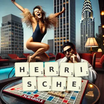 Kreative Illustration für ein Scrabble-Spiel, bei dem das Wort HERRISCHE mit Steinen auf dem Brett gelegt wurde.