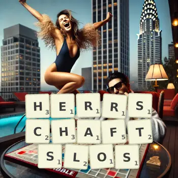 Kreative Illustration für ein Scrabble-Spiel, bei dem das Wort HERRSCHAFTSLOS mit Steinen auf dem Brett gelegt wurde.