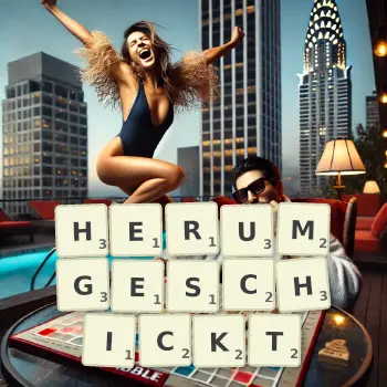 Kreative Illustration für ein Scrabble-Spiel, bei dem das Wort HERUMGESCHICKT mit Steinen auf dem Brett gelegt wurde.