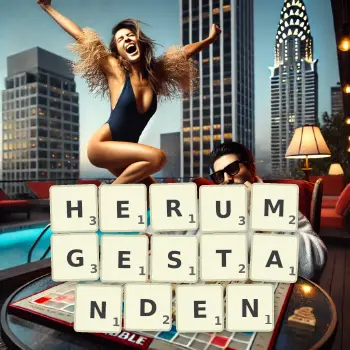 Kreative Illustration für ein Scrabble-Spiel, bei dem das Wort HERUMGESTANDEN mit Steinen auf dem Brett gelegt wurde.