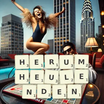 Kreative Illustration für ein Scrabble-Spiel, bei dem das Wort HERUMHEULENDEN mit Steinen auf dem Brett gelegt wurde.