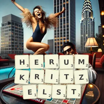 Kreative Illustration für ein Scrabble-Spiel, bei dem das Wort HERUMKRITZELST mit Steinen auf dem Brett gelegt wurde.