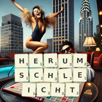 Kreative Illustration für ein Scrabble-Spiel, bei dem das Wort HERUMSCHLEICHT mit Steinen auf dem Brett gelegt wurde.