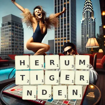 Kreative Illustration für ein Scrabble-Spiel, bei dem das Wort HERUMTIGERNDEN mit Steinen auf dem Brett gelegt wurde.