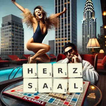 Kreative Illustration für ein Scrabble-Spiel, bei dem das Wort HERZSAAL mit Steinen auf dem Brett gelegt wurde.