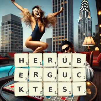 Kreative Illustration für ein Scrabble-Spiel, bei dem das Wort HERÜBERGUCKTEST mit Steinen auf dem Brett gelegt wurde.