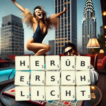 Kreative Illustration für ein Scrabble-Spiel, bei dem das Wort HERÜBERSCHLICHT mit Steinen auf dem Brett gelegt wurde.