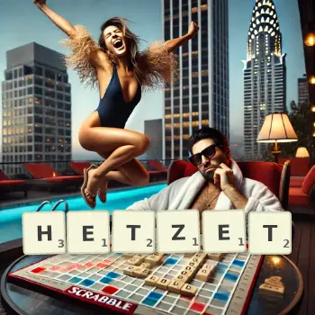 Kreative Illustration für ein Scrabble-Spiel, bei dem das Wort HETZET mit Steinen auf dem Brett gelegt wurde.