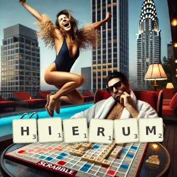 Kreative Illustration für ein Scrabble-Spiel, bei dem das Wort HIERUM mit Steinen auf dem Brett gelegt wurde.