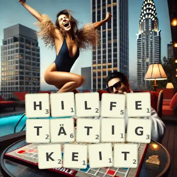 Kreative Illustration für ein Scrabble-Spiel, bei dem das Wort HILFETÄTIGKEIT mit Steinen auf dem Brett gelegt wurde.