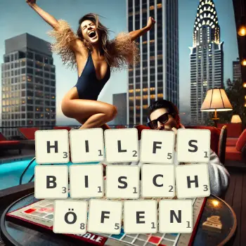 Kreative Illustration für ein Scrabble-Spiel, bei dem das Wort HILFSBISCHÖFEN mit Steinen auf dem Brett gelegt wurde.