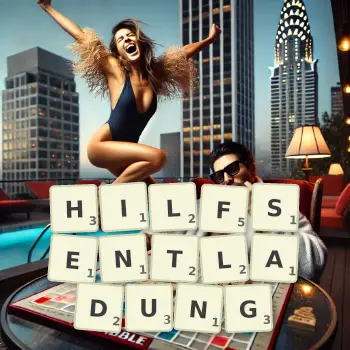 Kreative Illustration für ein Scrabble-Spiel, bei dem das Wort HILFSENTLADUNG mit Steinen auf dem Brett gelegt wurde.