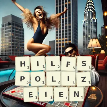 Kreative Illustration für ein Scrabble-Spiel, bei dem das Wort HILFSPOLIZEIEN mit Steinen auf dem Brett gelegt wurde.